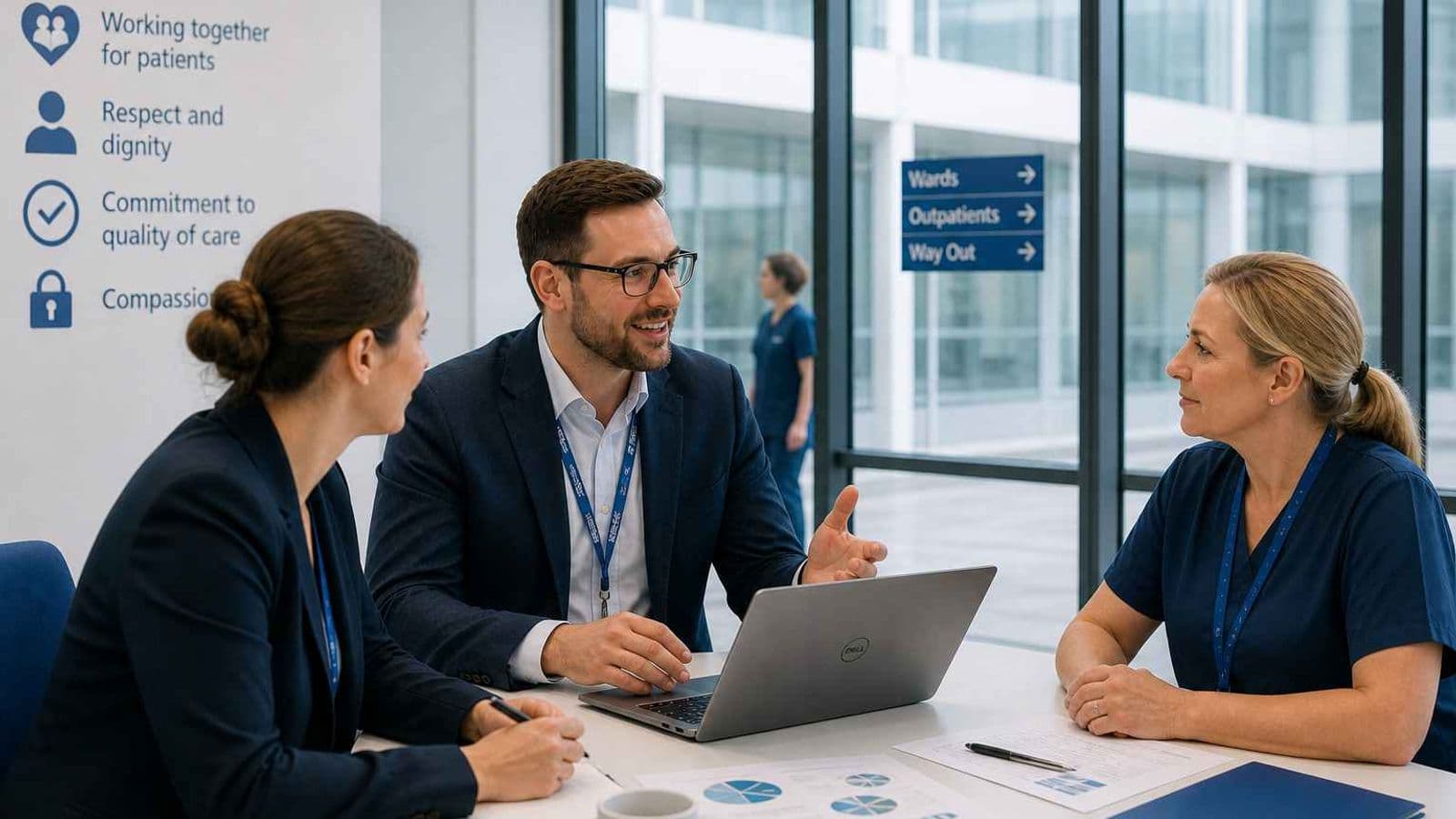 Three people discussing a brochure in an office